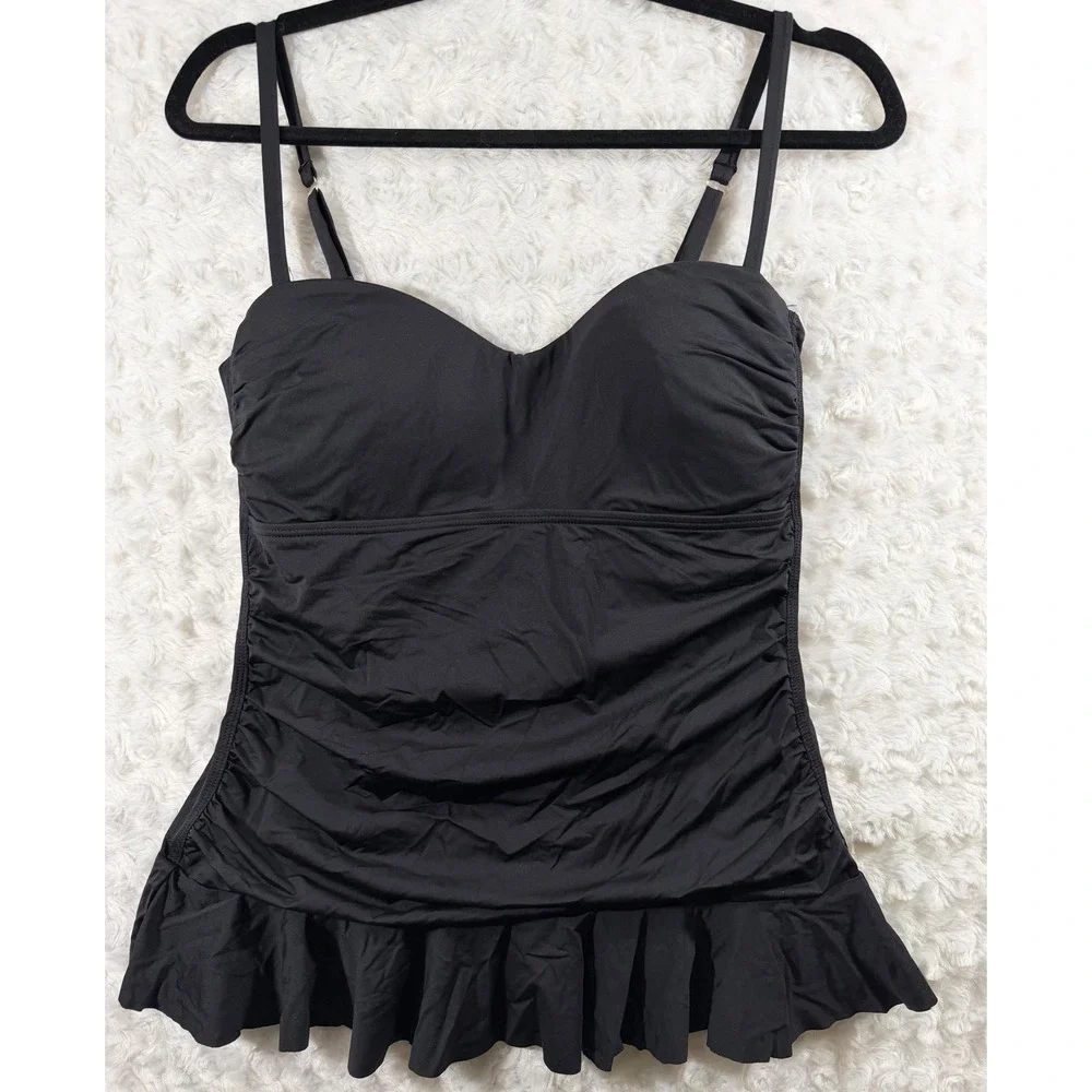 Tommy Bahama Womens Size Medium Black Ruched Ruffle Tankini Swim Top